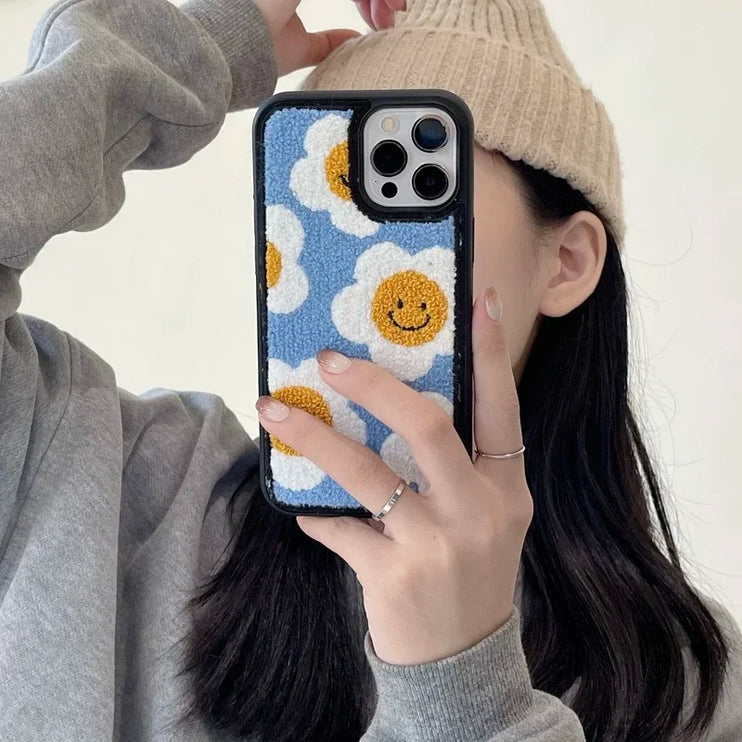 Cozy Soft Plush Smiley Flower Phone Case Cover for iPhone