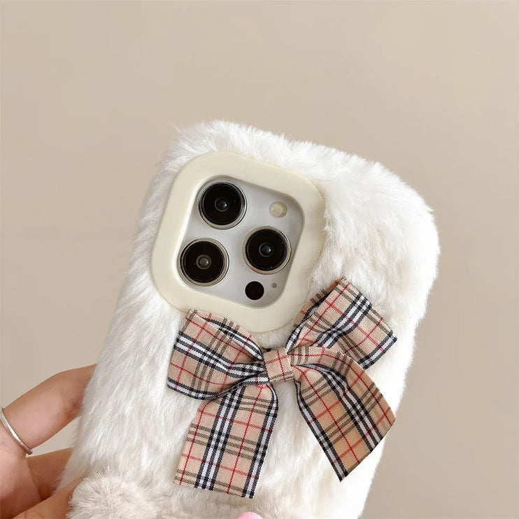 Cute Soft Fluffy Plush Hello Kitty Bow Phone Case Cover for iPhone