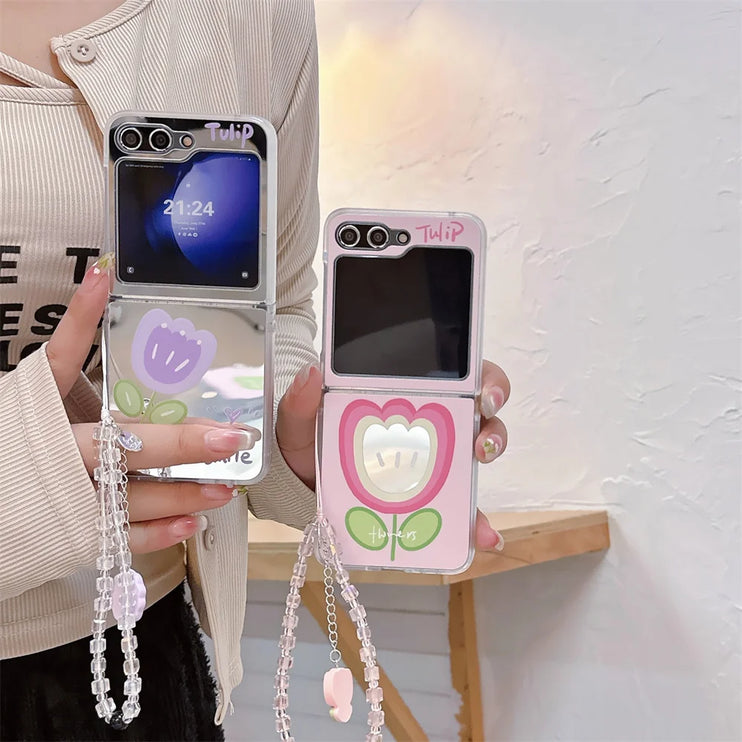 Cute Cartoon Designs Mirror Wristlet Strap Phone Case Cover for Samsung Z Flip