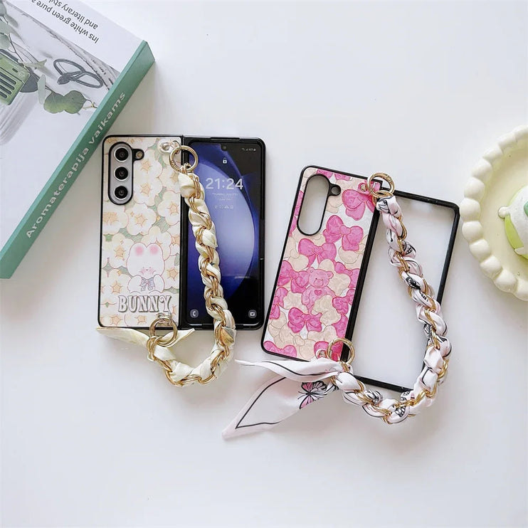 Cute Bear PU Leather Handbag Style Phone Case with Scarf & Chain Wrist Strap for Samsung Z Fold Series