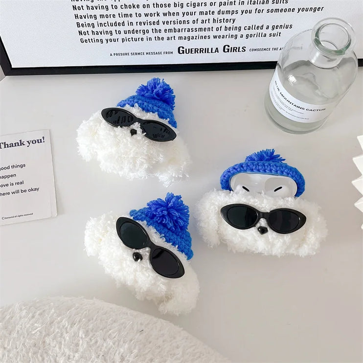 Cute Fluffy Fur Plush Sunglasses Dog Earphone Headphone Case Cover for AirPods