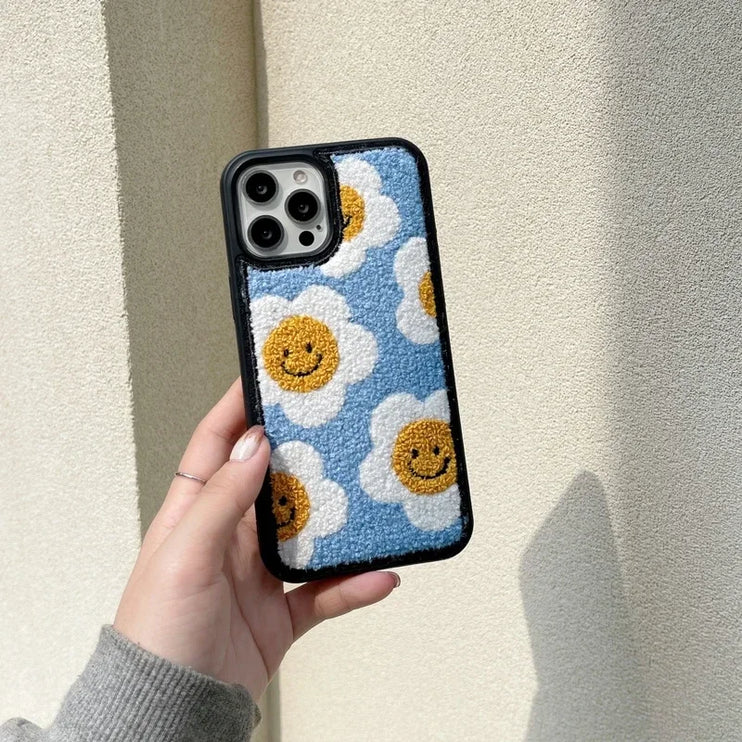 Cozy Soft Plush Smiley Flower Phone Case Cover for iPhone