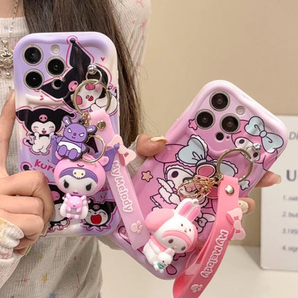 Adorable 3D Sanrio Kuromi My Melody Wavy Design Wrist Strap Phone Case Cover for iPhone