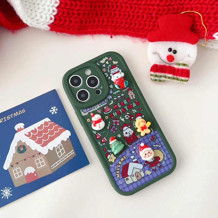 3D Cartoon Christmas Phone Case with Santa Claus Reindeer Festive Design for iPhone