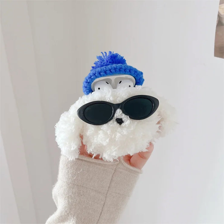 Cute Fluffy Fur Plush Sunglasses Dog Earphone Headphone Case Cover for AirPods