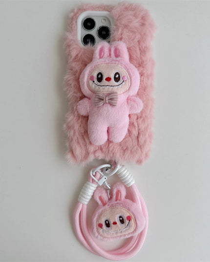 Cute Soft Fluffy Plush Labubu Charm Wristlet Strap Phone Case Cover for iPhone