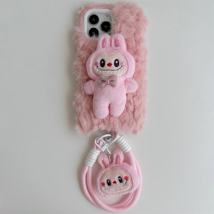 Cute Soft Fluffy Plush Labubu Charm Wristlet Strap Phone Case Cover for iPhone