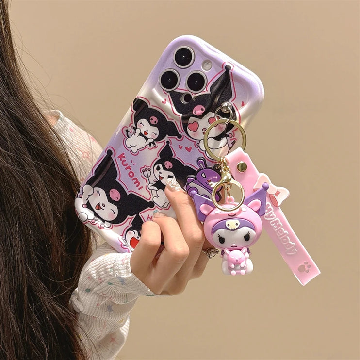 Adorable 3D Sanrio Kuromi My Melody Wavy Design Wrist Strap Phone Case Cover for iPhone