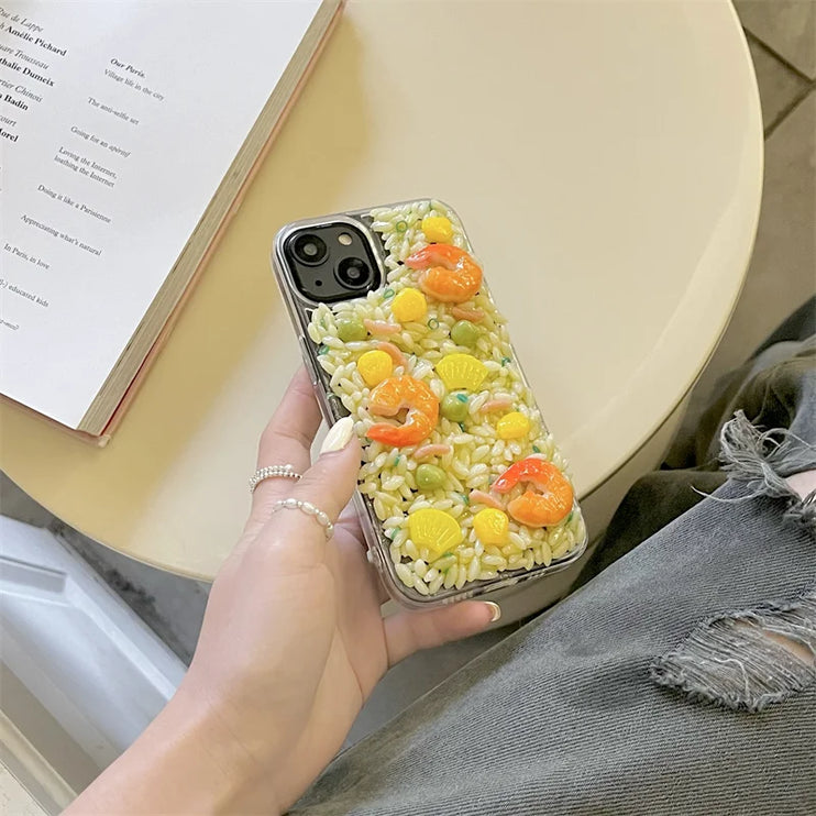 Fun 3D Food Themed Shrimp Fried Rice Clear Protective Case Cover for iPhone