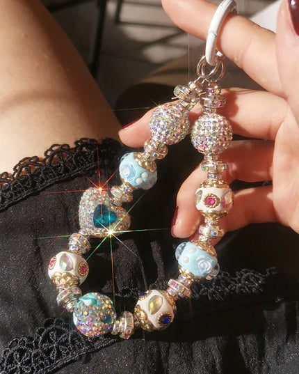 Luxurious Rhinestone Beaded Phone Wrist Strap - Sparkling Heart & Ball Chain