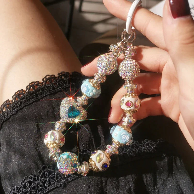 Luxurious Rhinestone Beaded Phone Wrist Strap - Sparkling Heart & Ball Chain