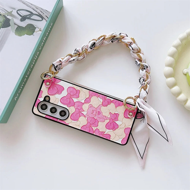 Cute Bear PU Leather Handbag Style Phone Case with Scarf & Chain Wrist Strap for Samsung Z Fold Series