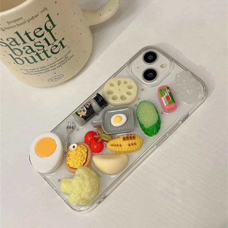 Fun 3D Food Themed Steak Vegetables Clear Protective Phone Case Cover for iPhone