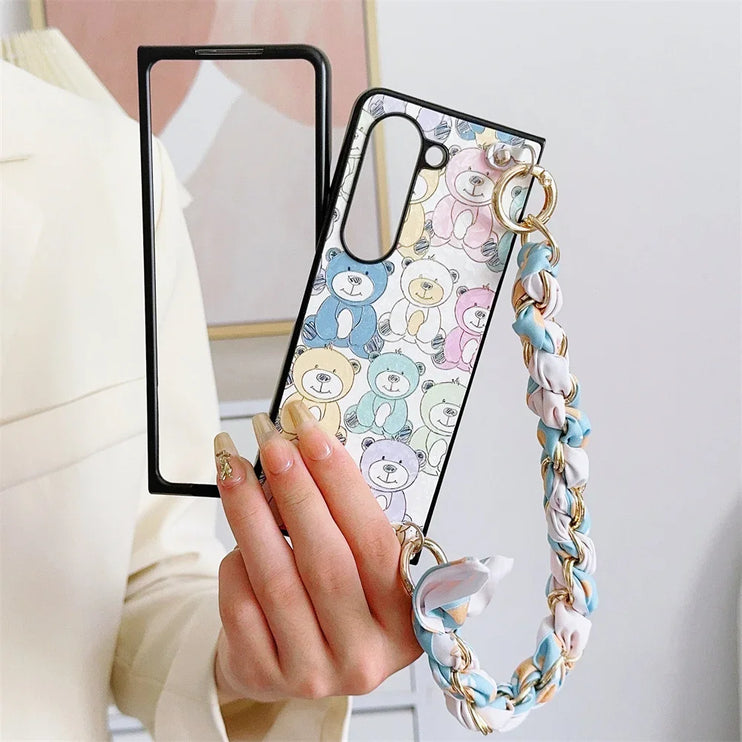 Cute Bear PU Leather Handbag Style Phone Case with Scarf & Chain Wrist Strap for Samsung Z Fold Series