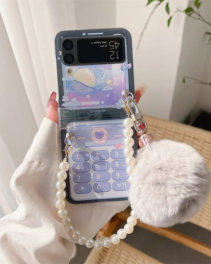 Cute Fluffy Pom Pom Pearl Beaded Wristlet Strap Phone Case Cover for Samsung Z Flip