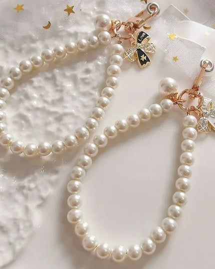 Beautiful Elegant Pearl Bow Charms Phone Keychain Wrist Hand Strap