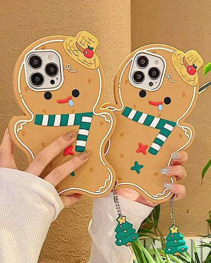 Cute Fun 3D Gingerbread Man Phone Case Cover with Christmas Charm for iPhone