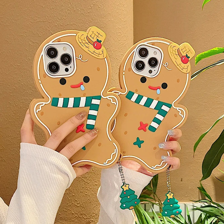 Cute Fun 3D Gingerbread Man Phone Case Cover with Christmas Charm for iPhone