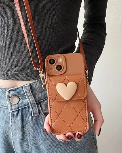 Cute 3D Heart Card Holder Wallet Crossbody Phone Case Cover for iPhone