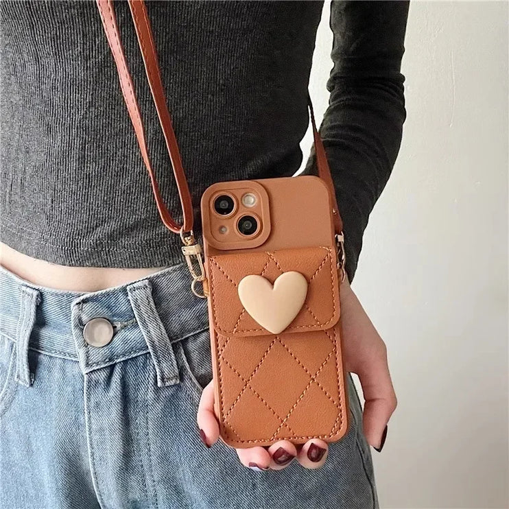 Cute 3D Heart Card Holder Wallet Crossbody Phone Case Cover for iPhone