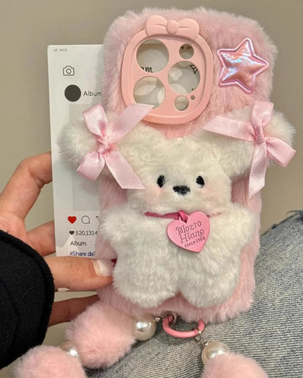 Cute Adorable Soft Pink 3D Plush Bear Wristlet Strap Phone Case Cover for iPhone