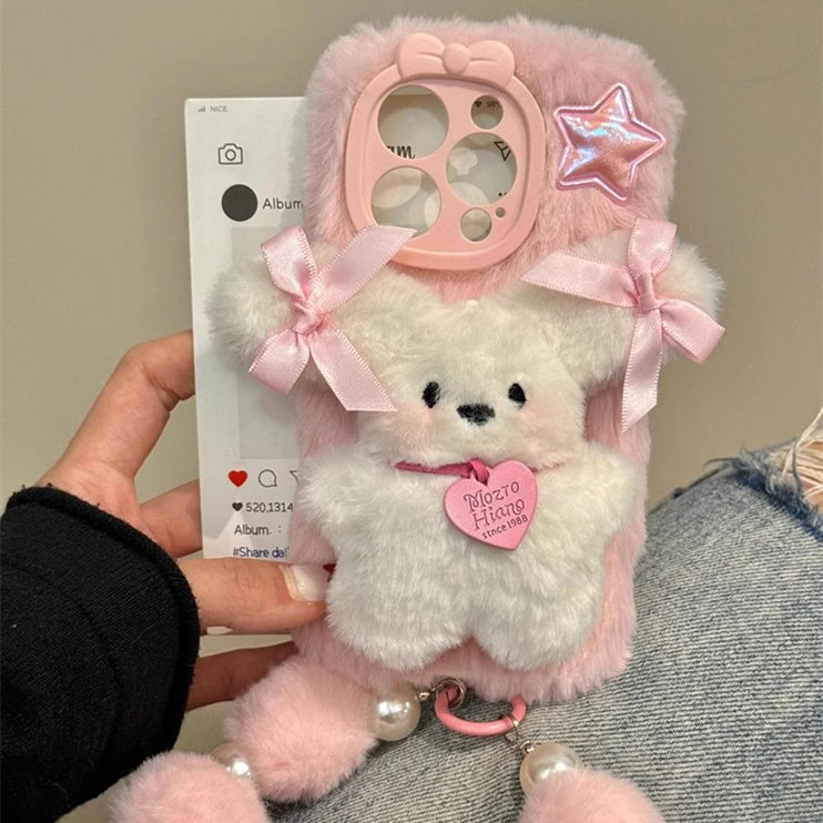 Cute Adorable Soft Pink 3D Plush Bear Wristlet Strap Phone Case Cover for iPhone