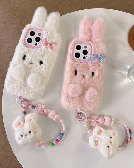 Cute Soft 3D Bunny Rabbit Plush Wristlet Strap Phone Case Cover for iPhone