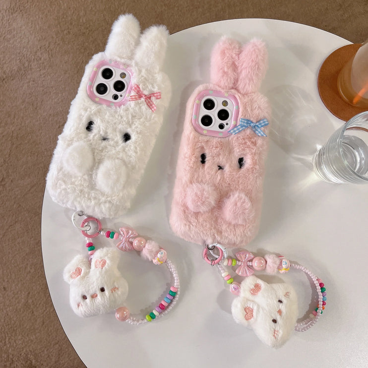 Cute Soft 3D Bunny Rabbit Plush Wristlet Strap Phone Case Cover for iPhone