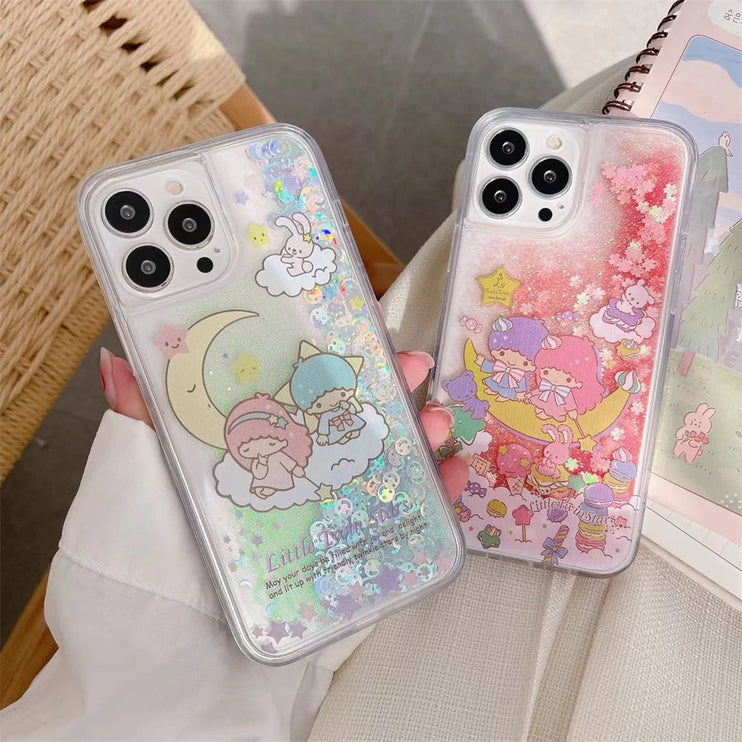 Cute Twin Stars Liquid Glitter Quicksand Phone Case Cover iPhone