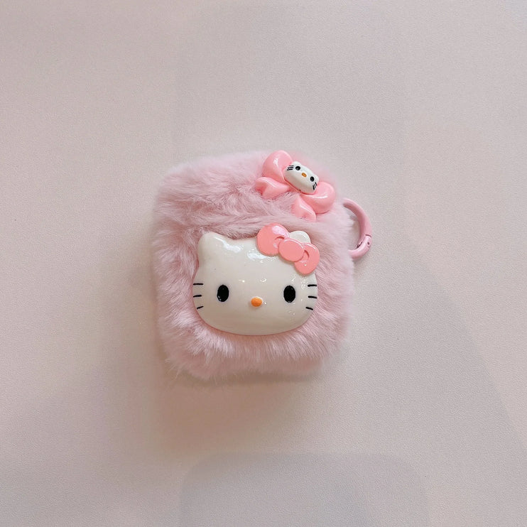 Cute Pink Fluffy Plush Pink Hello Kitty Earphone Headphone Case for AirPods