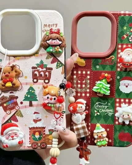 Cute Cartoon Christmas Santa Elk Charm Wristlet Strap Phone Case Cover for iPhone