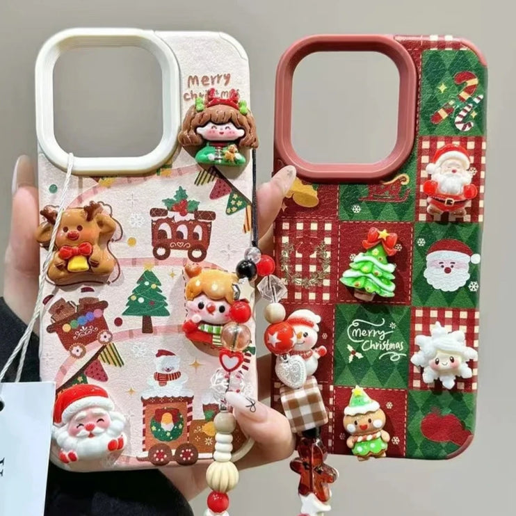 Cute Cartoon Christmas Santa Elk Charm Wristlet Strap Phone Case Cover for iPhone