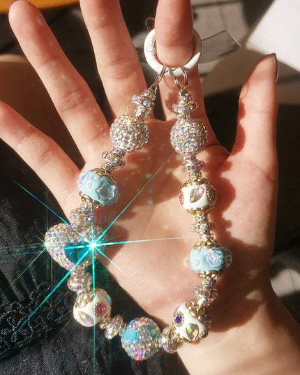 Luxurious Rhinestone Beaded Phone Wrist Strap - Sparkling Heart & Ball Chain