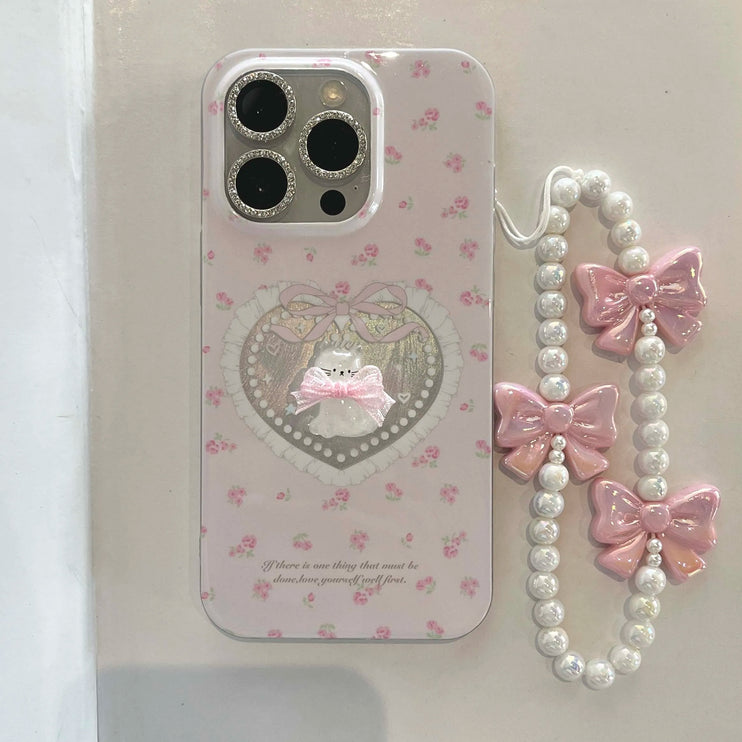 Cute 3D Crystal Cat Bow Beaded Wrist Strap Phone Case Cover for iPhone