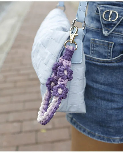 Boho Knitted Daisy Flower Handwoven Wristlet Keychain Phone Bag Charm Strap