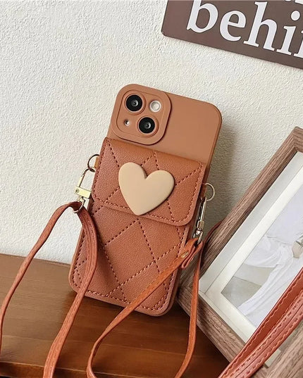 Cute 3D Heart Card Holder Wallet Crossbody Phone Case Cover for iPhone