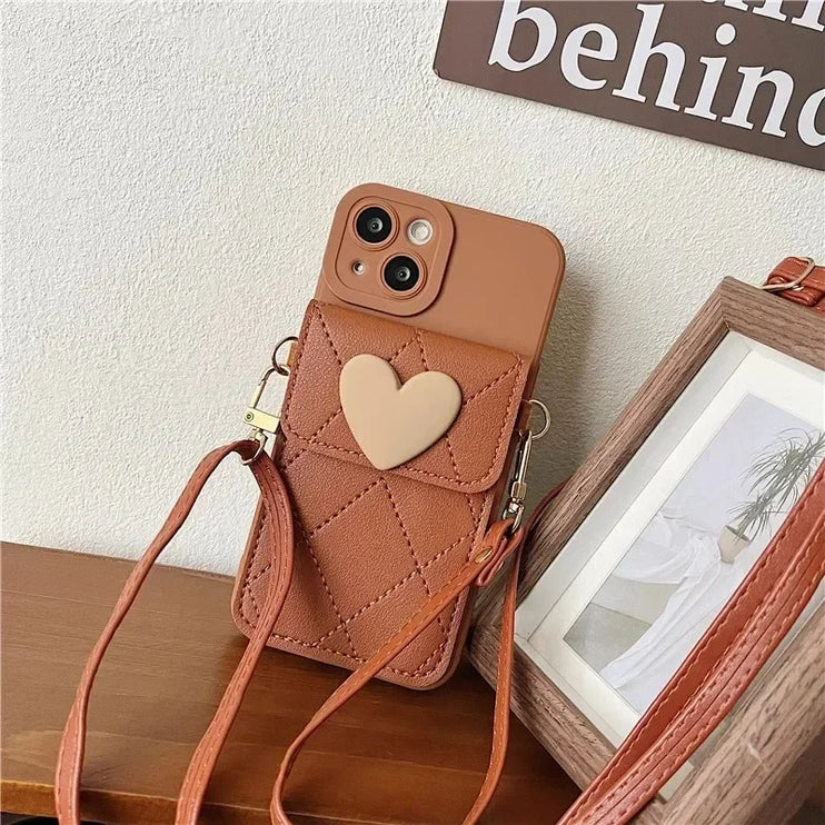 Cute 3D Heart Card Holder Wallet Crossbody Phone Case Cover for iPhone