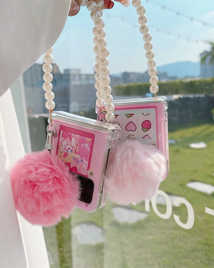 Cute Fluffy Pom Pom Pearl Beaded Wristlet Strap Phone Case Cover for Samsung Z Flip