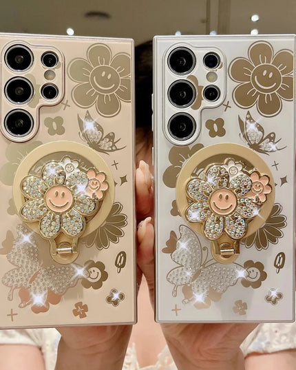 Luxury Flower Butterfly Magnetic Wireless Charge Ring Stand Phone Case for Samsung