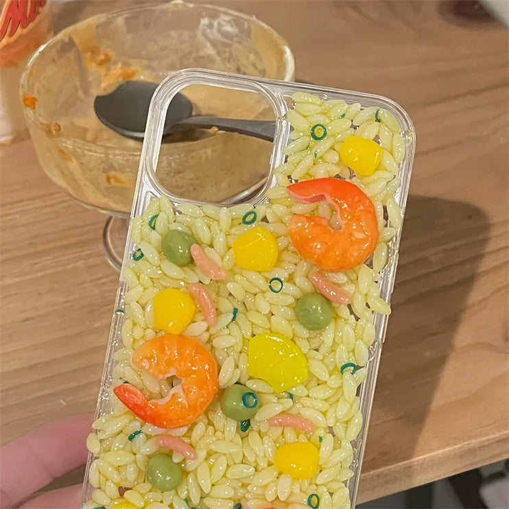 Fun 3D Food Themed Shrimp Fried Rice Clear Protective Case Cover for iPhone