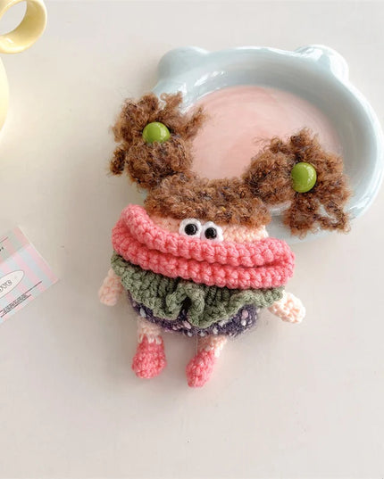 Cute Long Pigtails Knitted Wool Plush Girl Earphone Headphone Case Cover AirPods