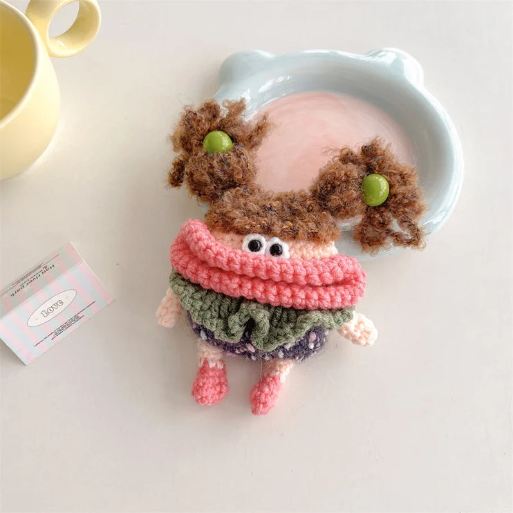 Cute Long Pigtails Knitted Wool Plush Girl Earphone Headphone Case Cover AirPods