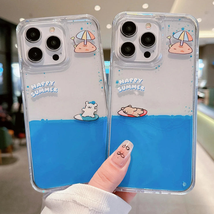 Fun Unique Cute Puppy Ocean Surfing Quicksand Liquid Phone Case Cover For iPhone