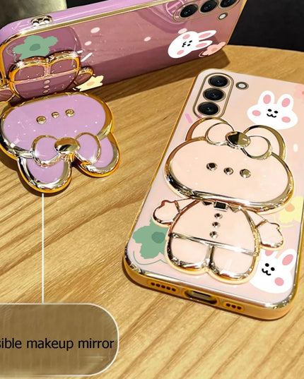 Cute Rabbit Phone Case Cover with Flower Strap & Mirror Stand Holder for Samsung