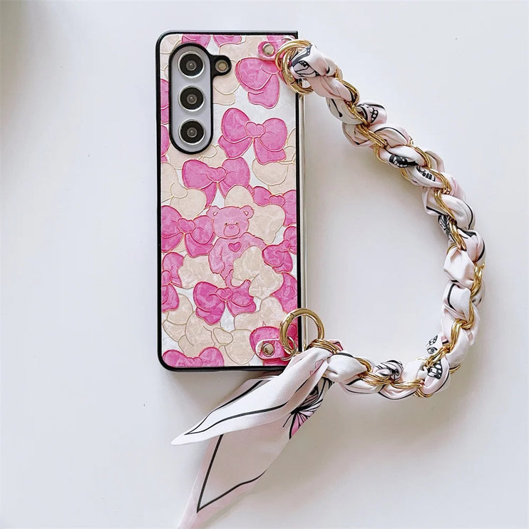 Cute Bear PU Leather Handbag Style Phone Case with Scarf & Chain Wrist Strap for Samsung Z Fold Series