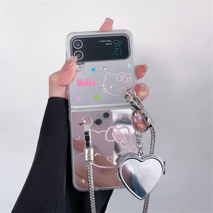 Luxury Hello Kitty Mirror Design Wristlet Strap Phone Case Cover for Samsung Z Flip