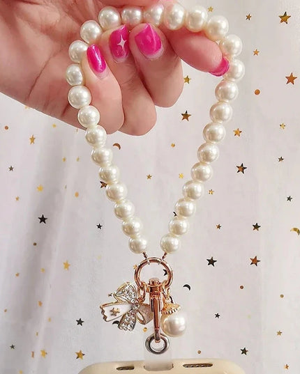 Beautiful Elegant Pearl Bow Charms Phone Keychain Wrist Hand Strap