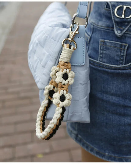 Boho Knitted Daisy Flower Handwoven Wristlet Keychain Phone Bag Charm Strap