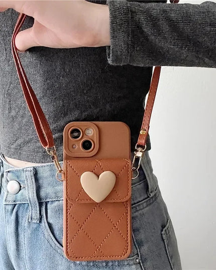 Cute 3D Heart Card Holder Wallet Crossbody Phone Case Cover for iPhone