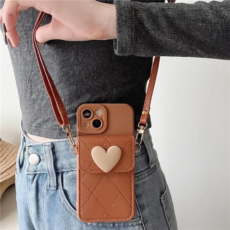 Cute 3D Heart Card Holder Wallet Crossbody Phone Case Cover for iPhone